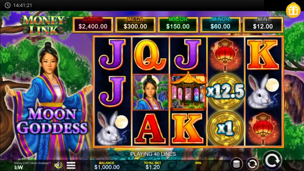 Tampilan visual slot Money Link Moon Goddess dengan tema taman malam yang tenang