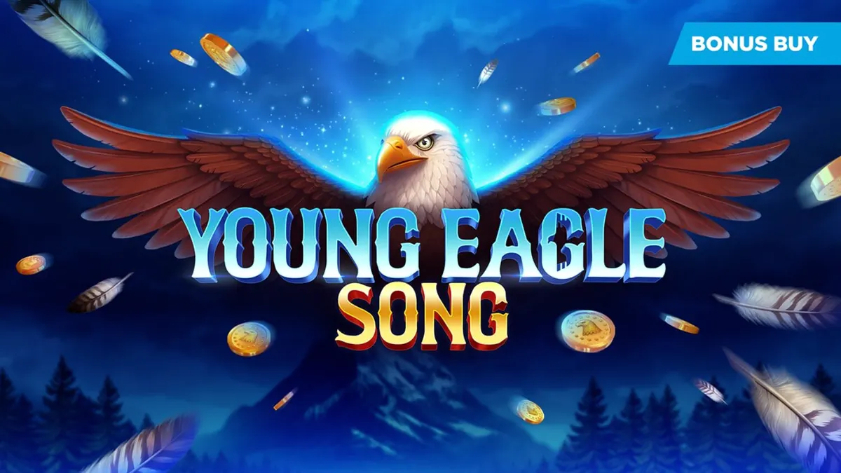 Pemandangan atmosferik slot Young Eagle Song dengan latar belakang hutan pinus dan elang yang megah.